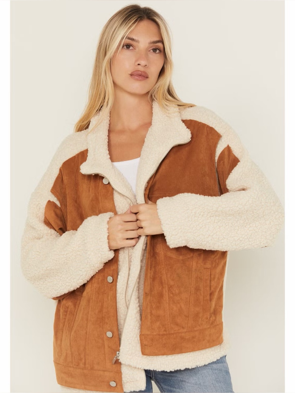 Blank NYC Two-Tone Teddy Sherpa Jacket in Chestnut and Cream
